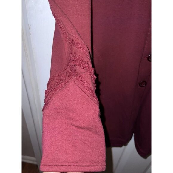 SOFT SURROUNDINGS Rachel Embroidered Burgundy Stretch Button Down Coat - Picture 7 of 15
